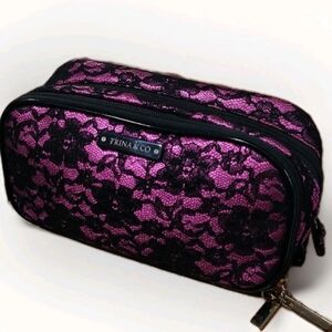 Trina & Co Make Up Organizer 2 Side Double Zip Bag Hot Pink W/Black Lace NOS